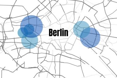 Illustration: Eine abstrahierte Karte von Berlin mit blauen Kreisen