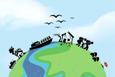 Illustration einer Erdhalbkugel, auf dessen Oberfläche mehrere Gründe für Migration veranschaulicht werden, wie Krieg und Naturkatastrophen 