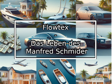 Aufgeteiltes Bild, welches Luxusgegenstände, wie Yachten, Flugzeuge, Autos, Villen und Bargeld zeigt. In der Mitte steht "Flowtex - Das Leben des Manfred Schmider"
