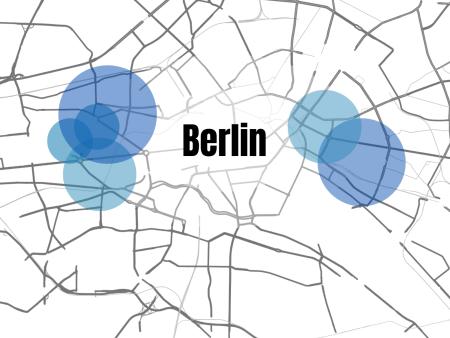 Illustration: Eine abstrahierte Karte von Berlin mit blauen Kreisen