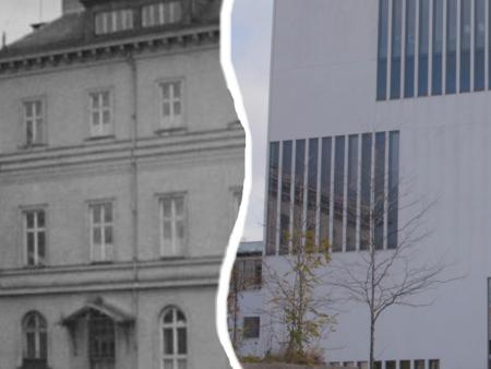 Vertikal aufgeteiltes Bild von der ehemaligen Parteizentrale der NSDAP links und rechts auf dem selben Grundstück das NS-Dokumentationszentrum